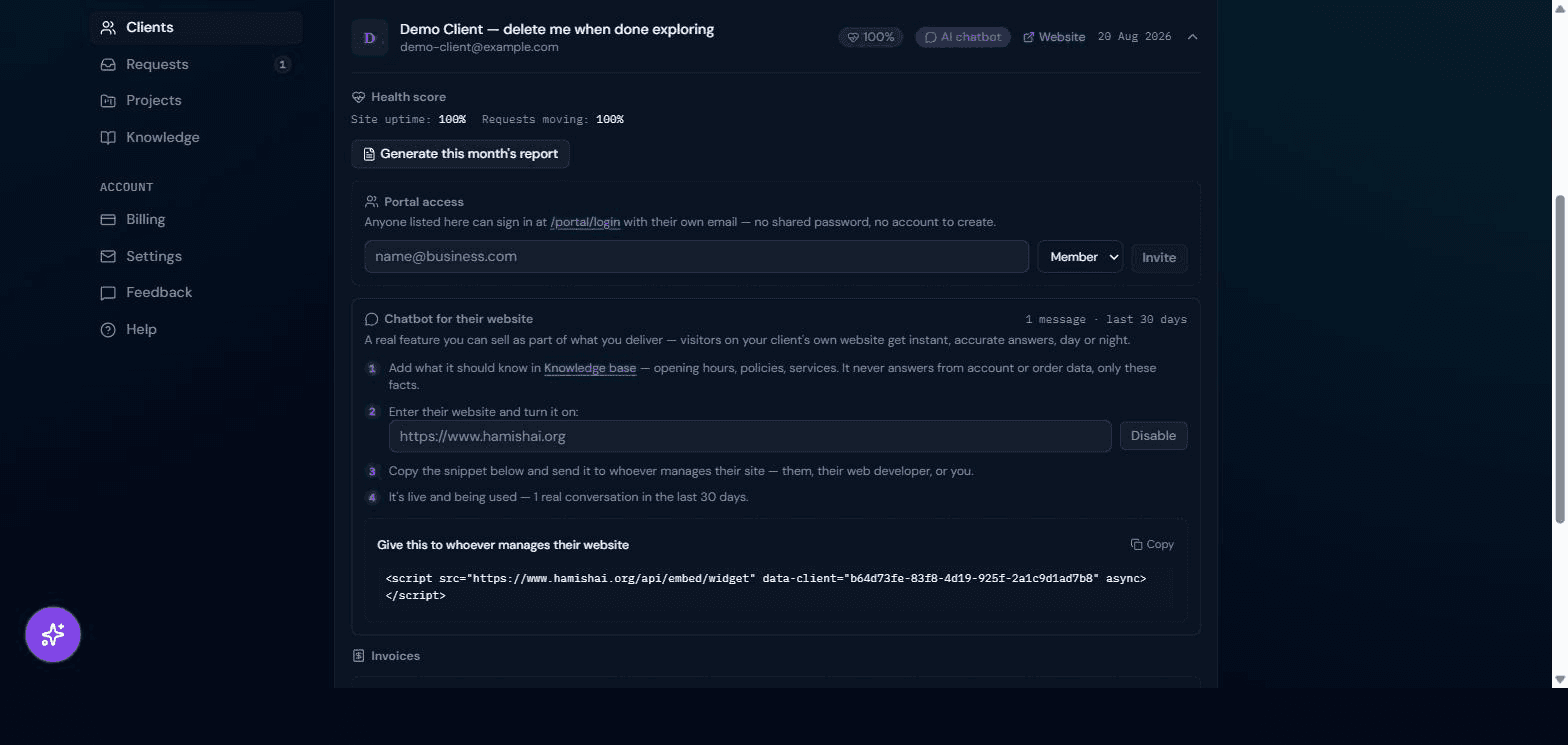 Studio's 'Chatbot for their website' section on a real client card: a live embeddable chatbot already enabled, showing '1 message · last 30 days' and the real embed script snippet.