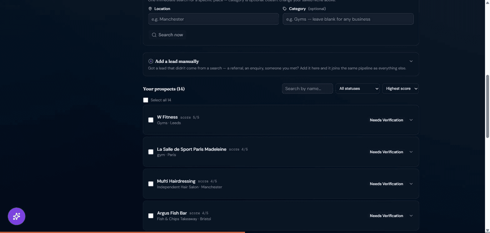 Studio's Prospects screen: a location and category search form above a scored list of real leads — W Fitness (5/5), La Salle de Sport Paris Madeleine (4/5), Mufti Hairdressing (4/5) and Argus Fish Bar (4/5) — each marked Needs Verification.